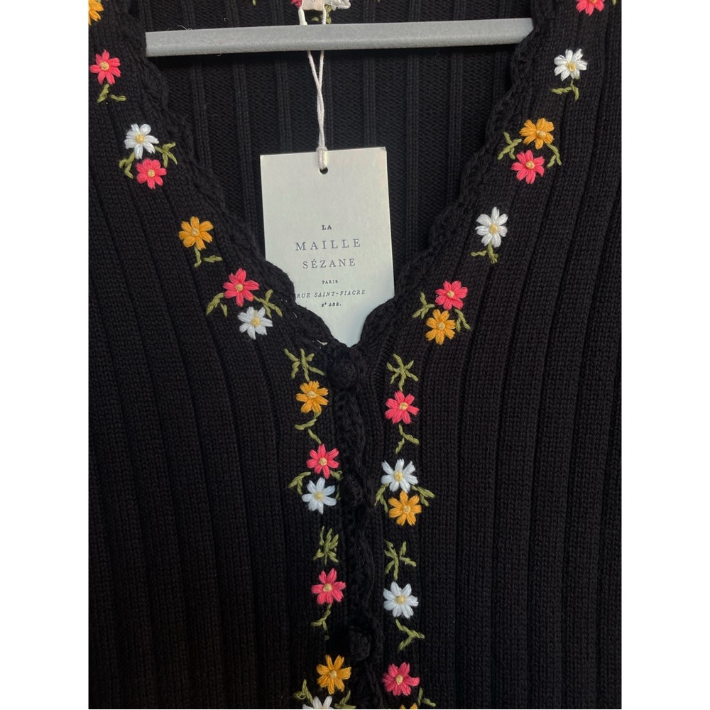 SEZANE NWT Black Floral Embroidered Short Sleeve Ribbed Knit Iliana Cardigan - Picture 5 of 13